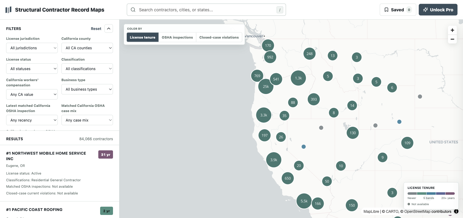 Structural contractor license explorer showing colorful records across six source states